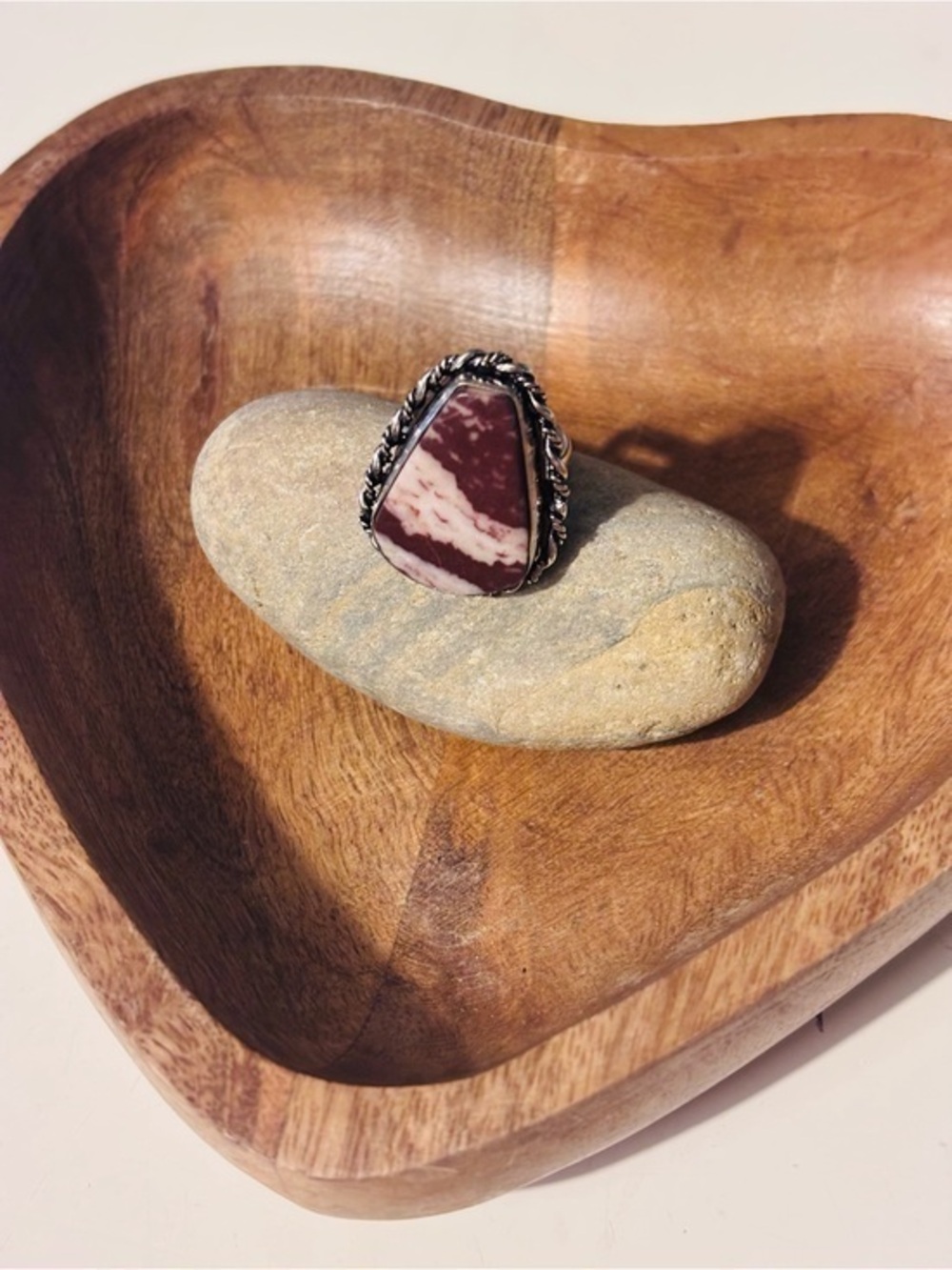 Boho Burgundy Jasper Style Statement Ring Silver Plate Over Brass Size 6